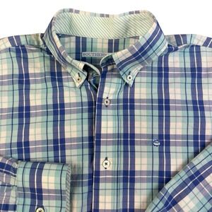 SOUTHERN TIDE MEN'S MEDIUM BLUE WHITE PLAID BUTTON UP LOGO LONG SLEEVE SHIRT EUC